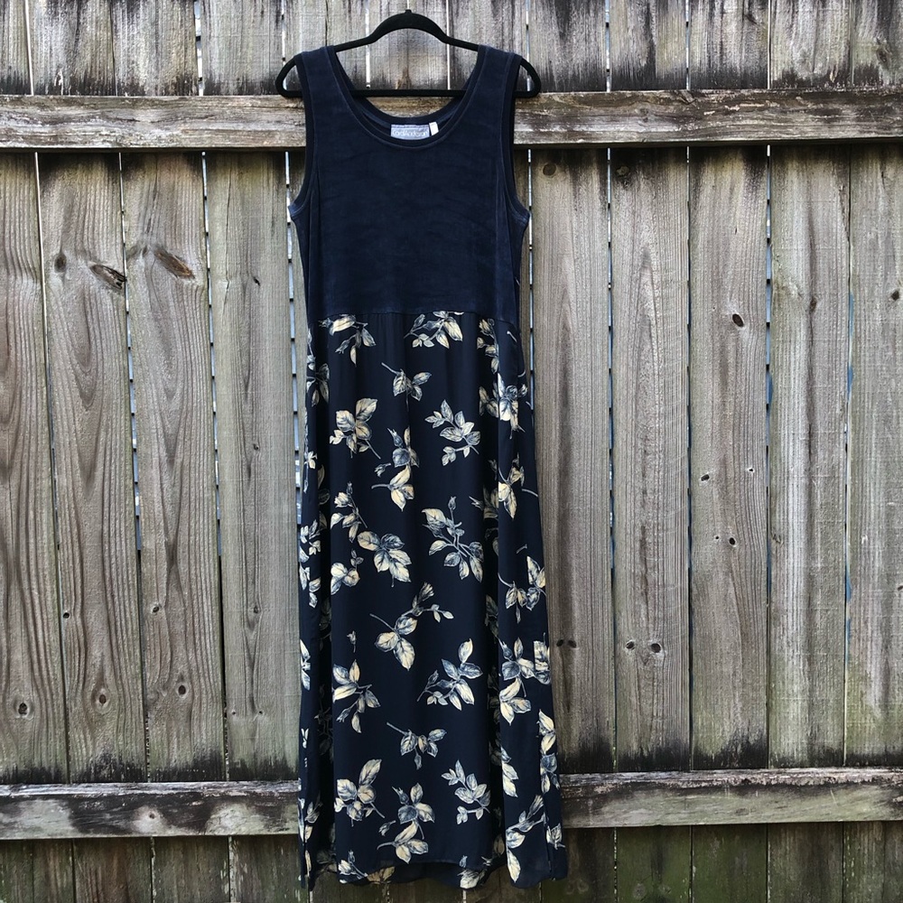 Carol Anderson Vintage 90s Maxi Dress Navy Floral Slinky Bodice Size XL